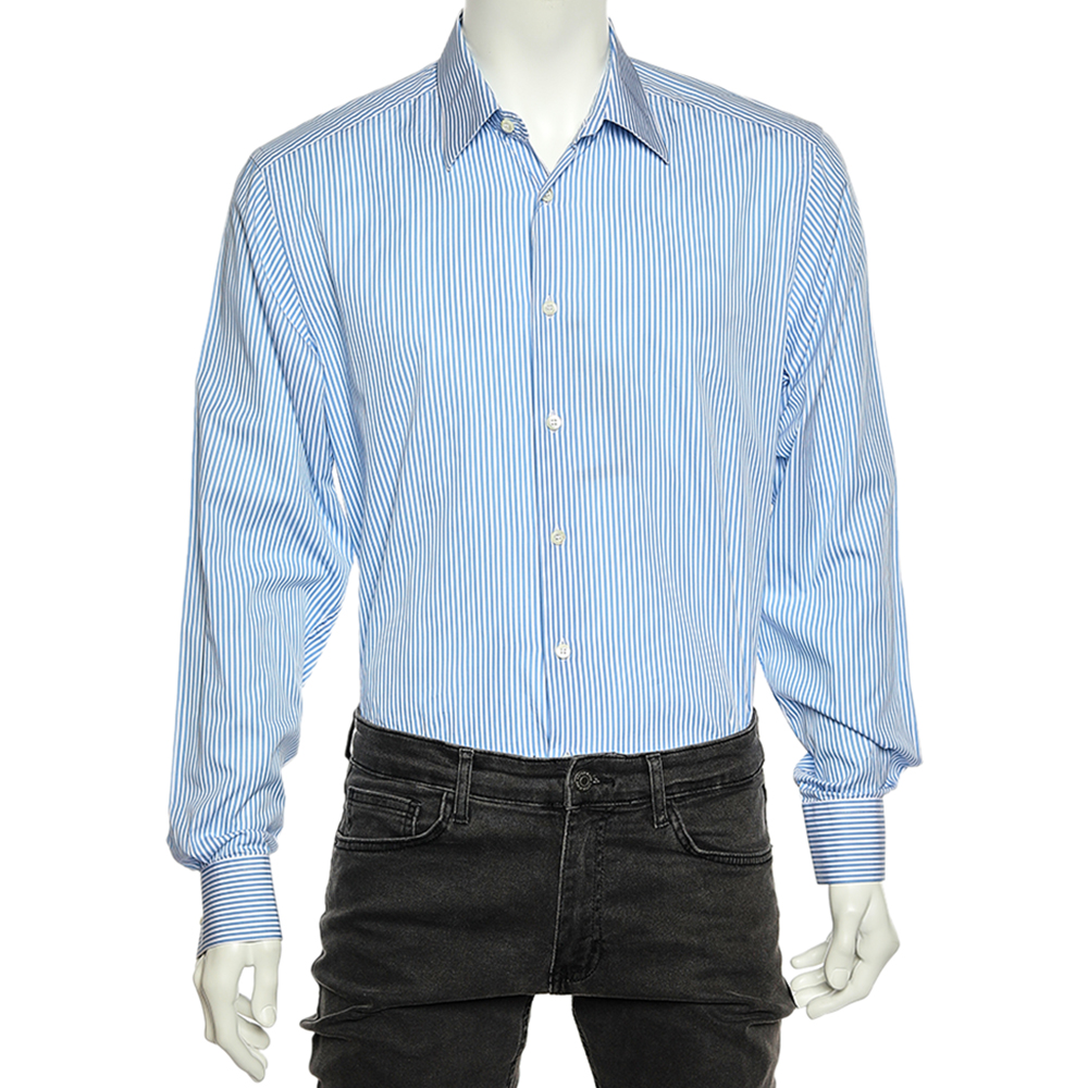 Prada Blue Striped Cotton Button Front Shirt XL