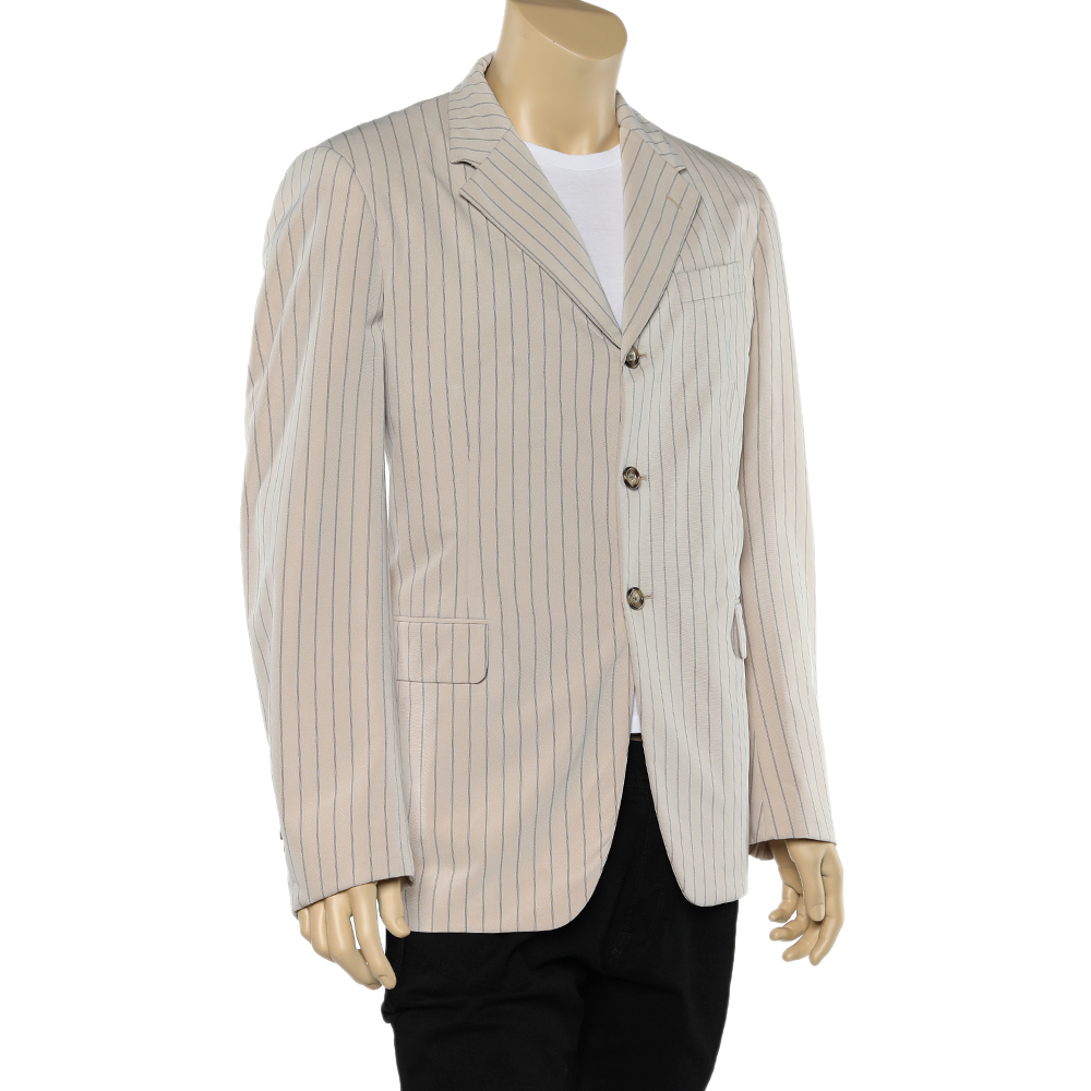 Prada Beige Pinstriped Cotton Button Front Blazer XL