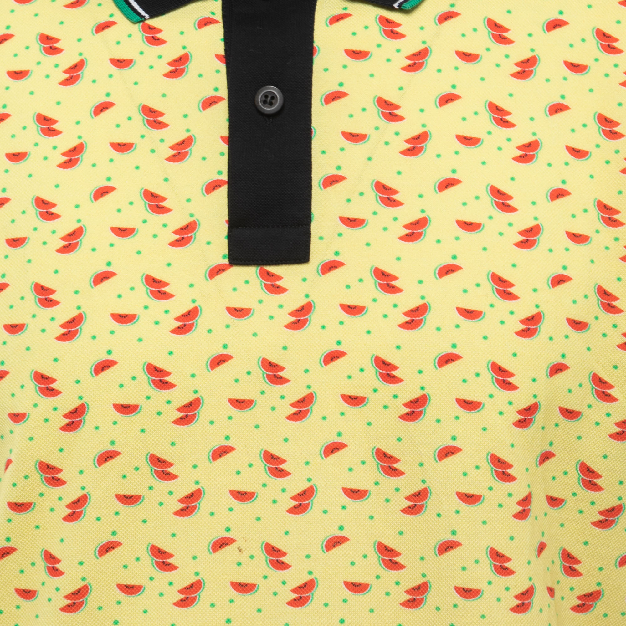 Prada Yellow All-Over Watermelon Print Cotton Pique Polo T-Shirt L