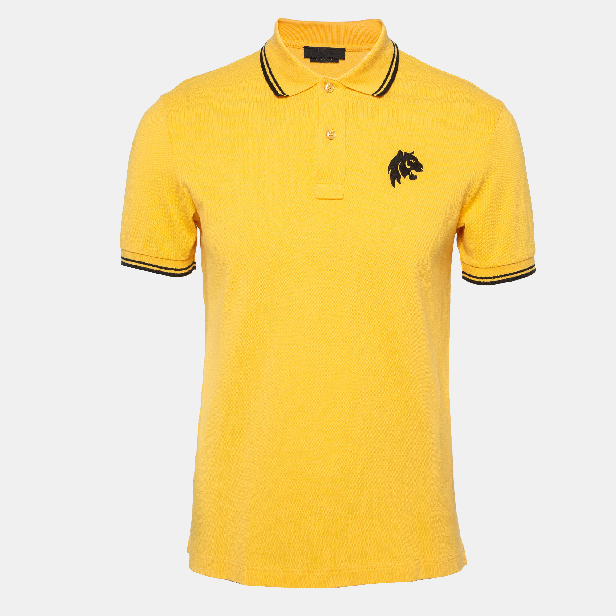 Prada yellow embroidered cotton pique polo t-shirt m