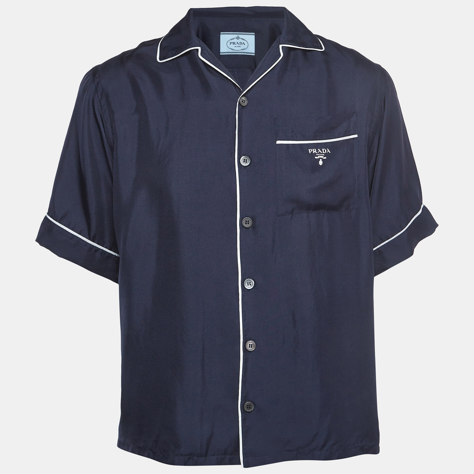 Prada navy blue logo print silk bowling shirt s