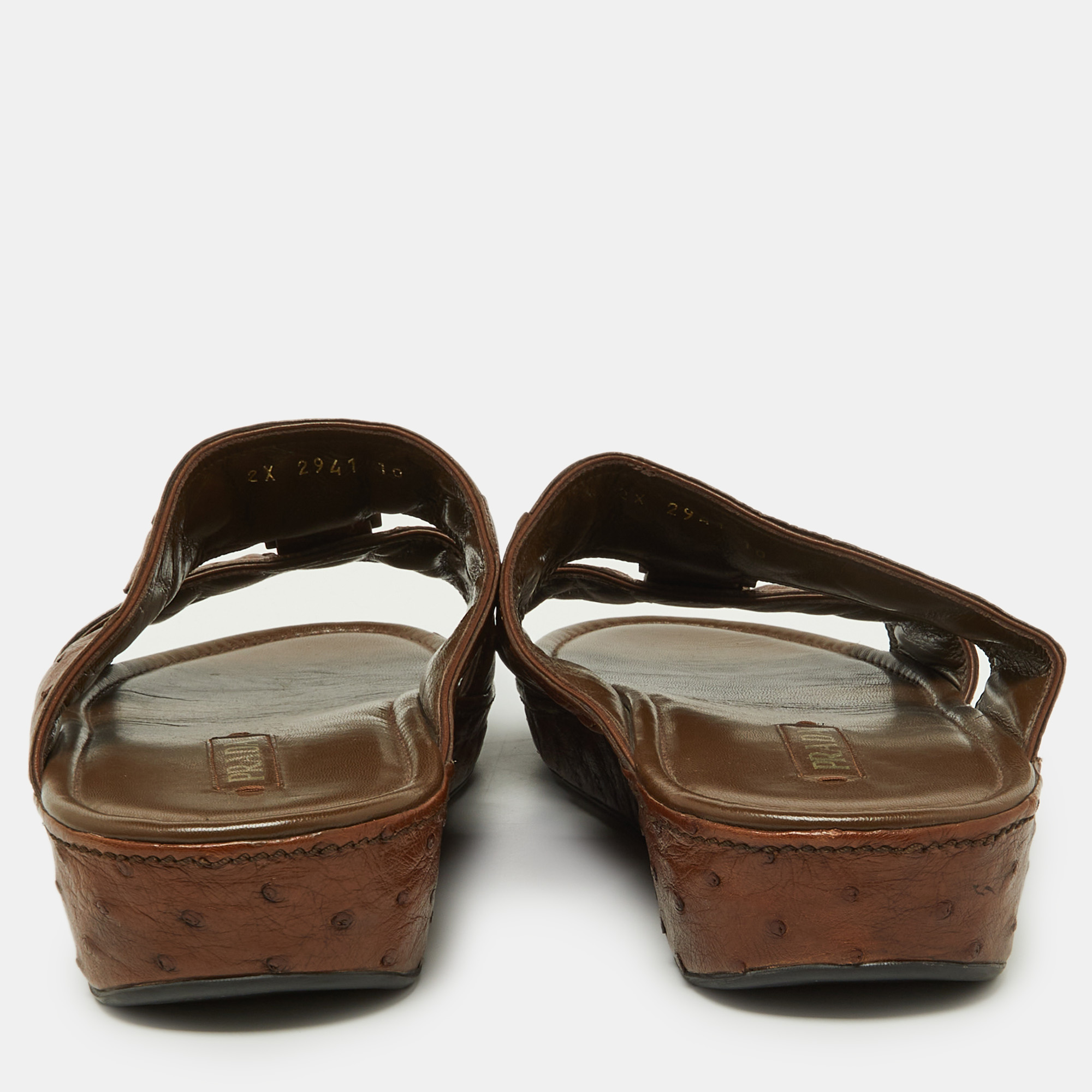 Prada Brown Ostrich Leather Flat Sandals Size 44