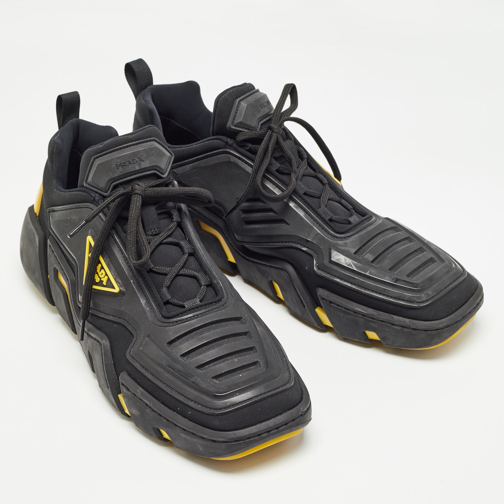 Prada Black/Yellow Techno Fabric And Rubber Low Top Sneakers Size 45