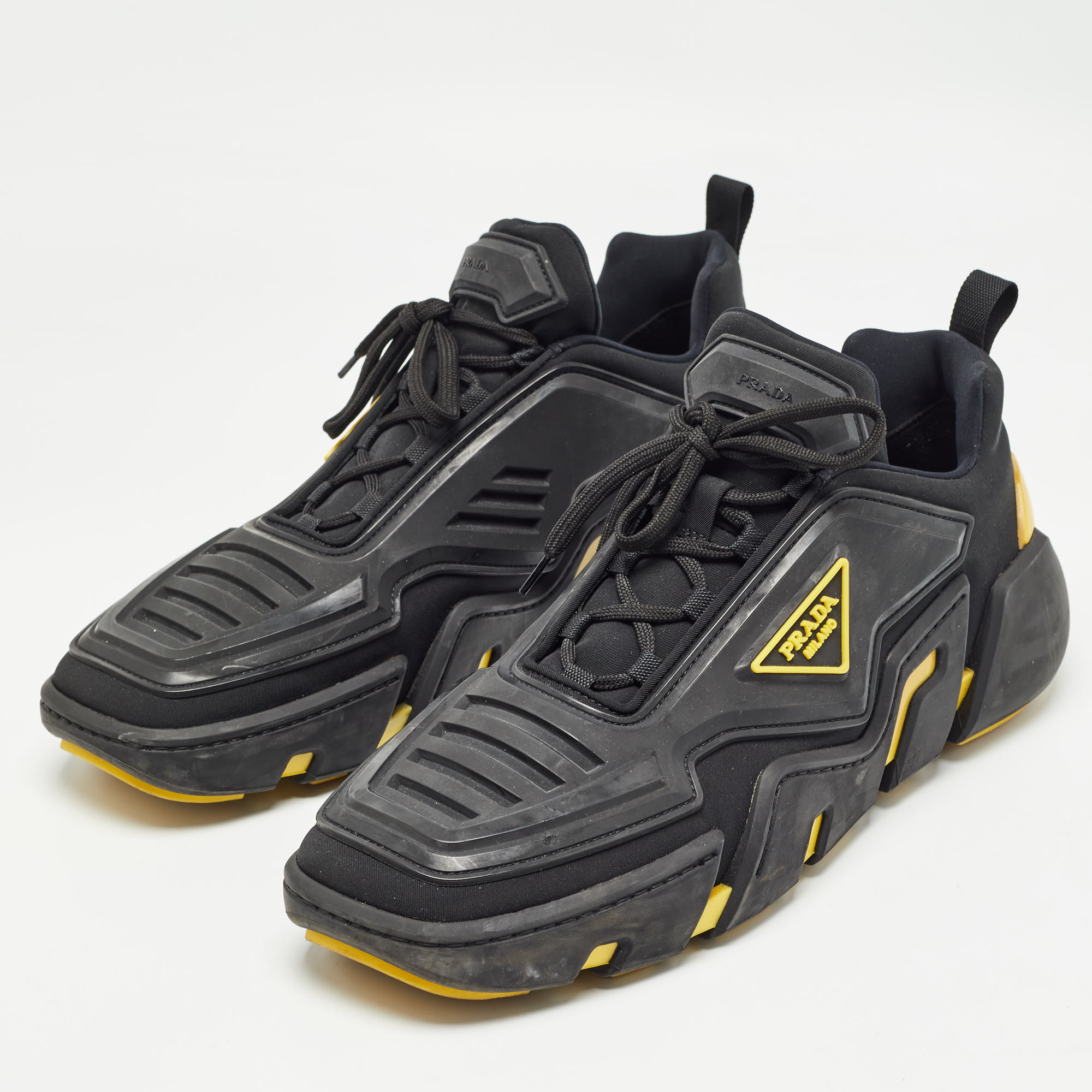 Prada Black/Yellow Techno Fabric And Rubber Low Top Sneakers Size 45