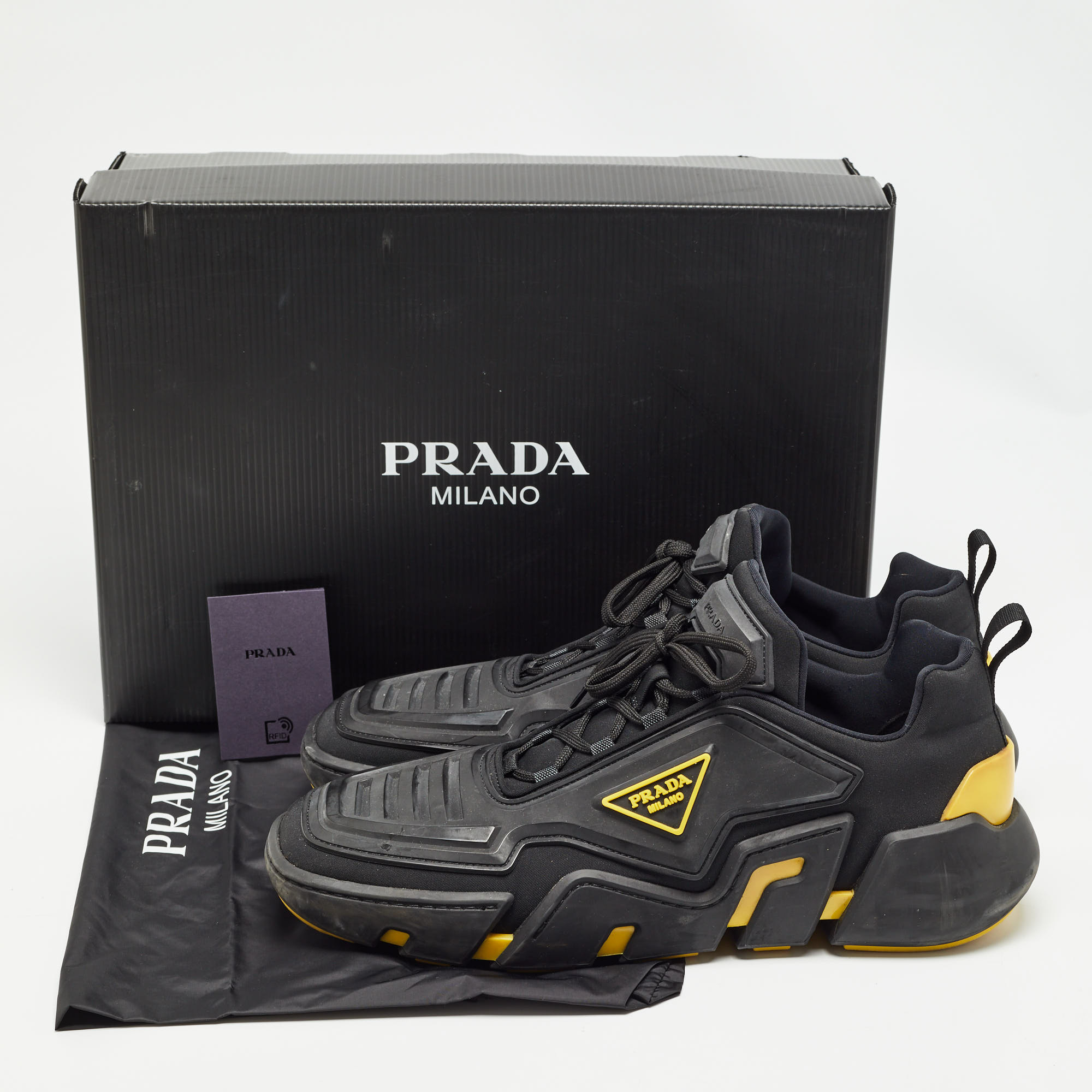 Prada Black/Yellow Techno Fabric And Rubber Low Top Sneakers Size 45