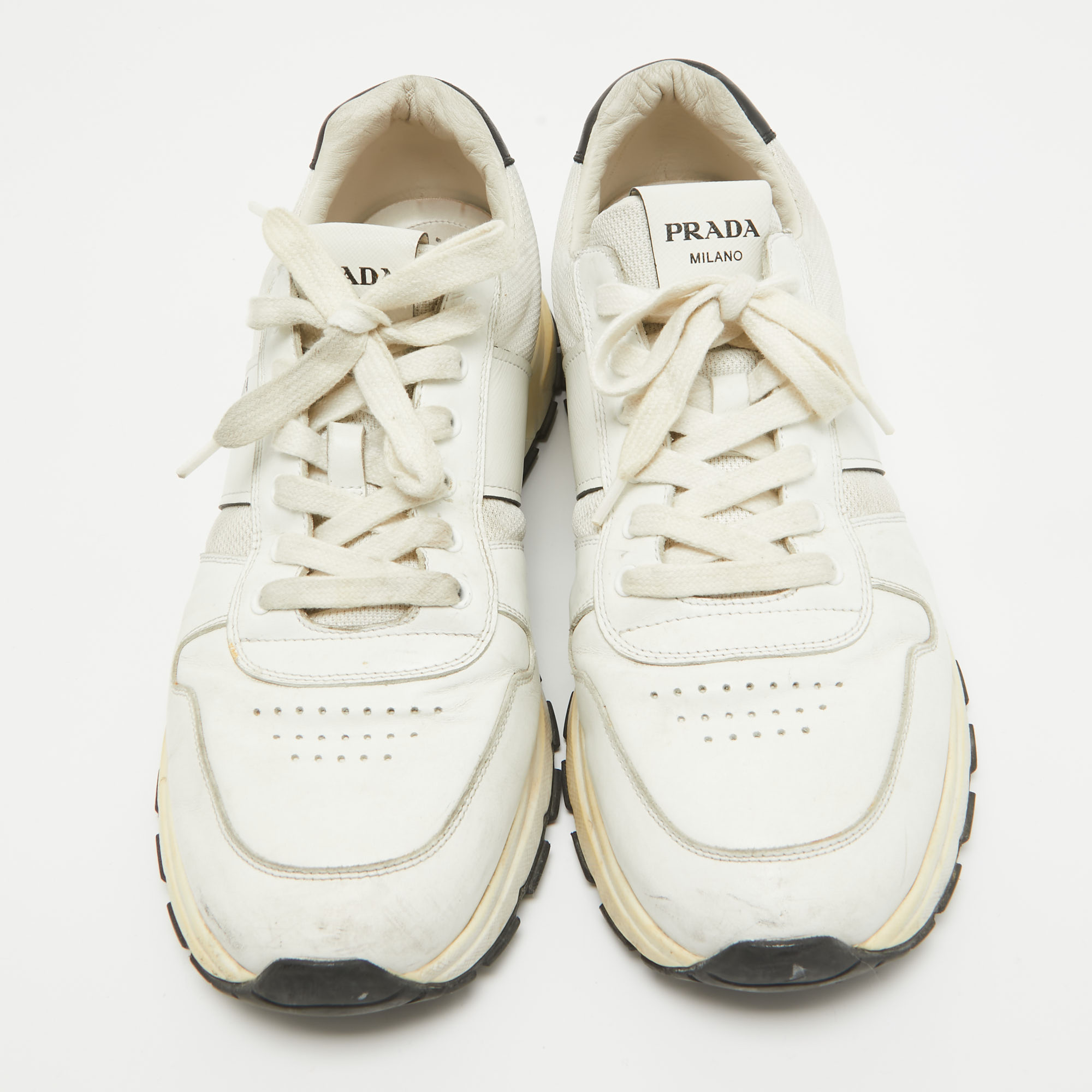 Prada White Leather And Mesh Low Top Sneakers Size 44