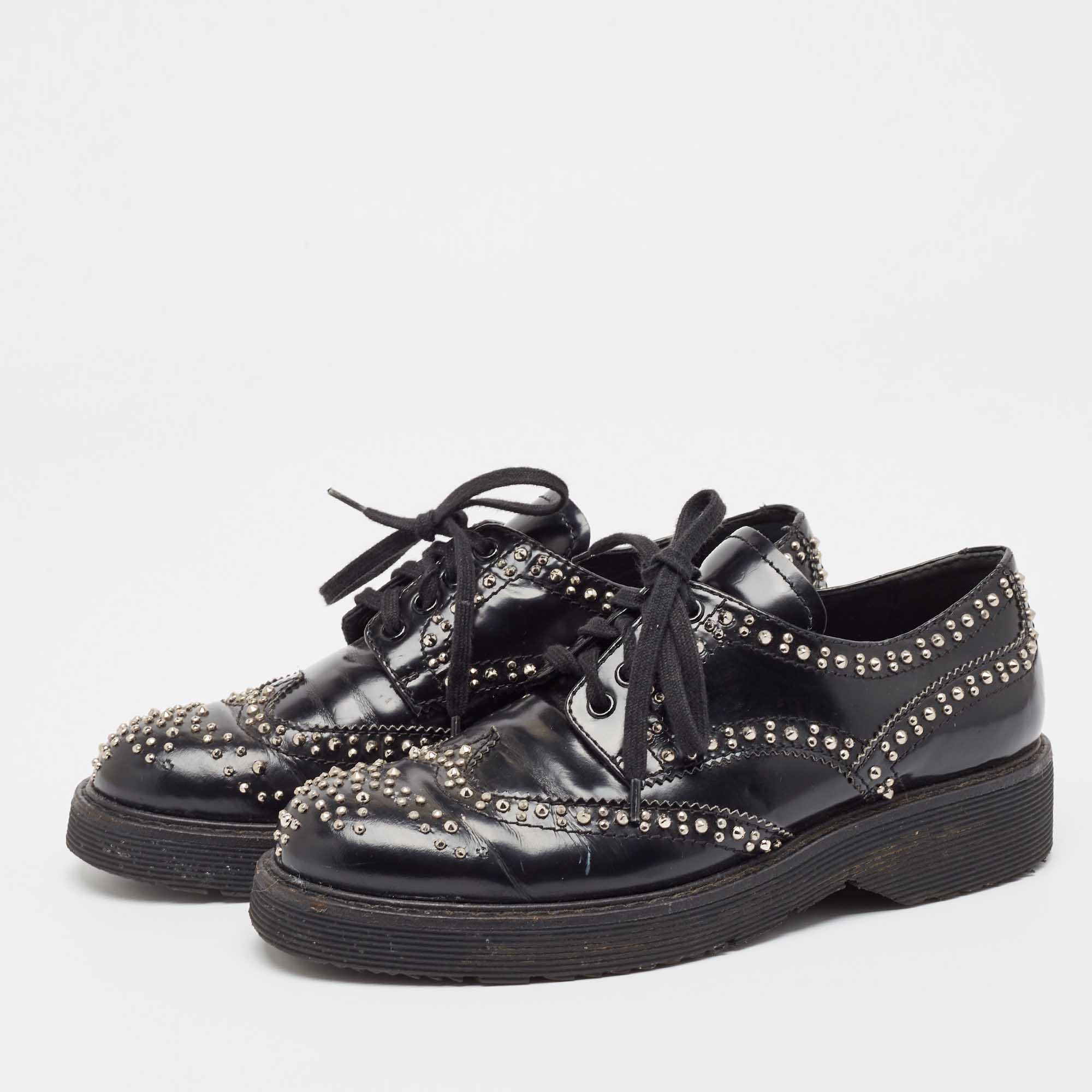 Prada Black Leather Embellished Lace Up Brogues Oxfords Size 36