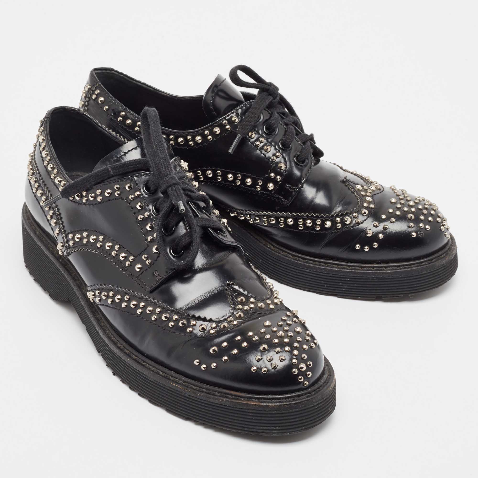 Prada Black Leather Embellished Lace Up Brogues Oxfords Size 36