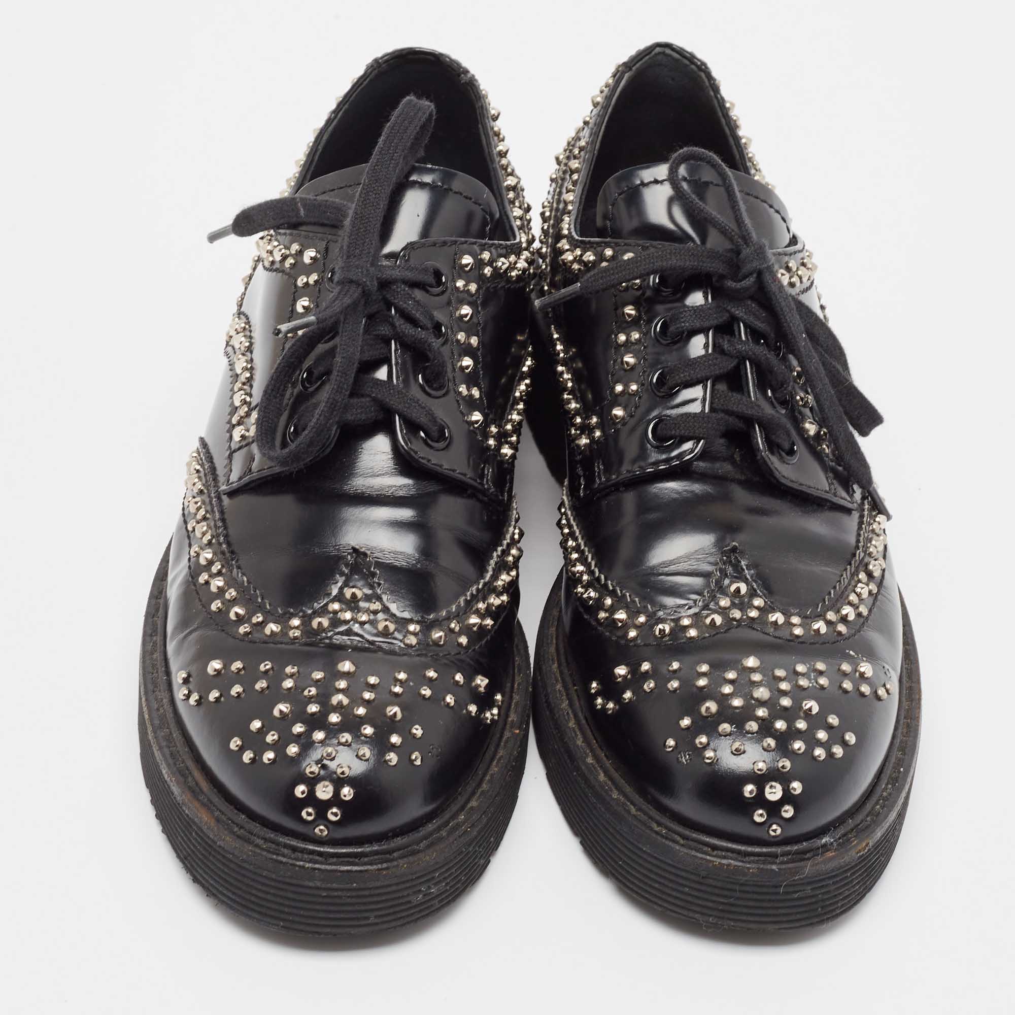 Prada Black Leather Embellished Lace Up Brogues Oxfords Size 36