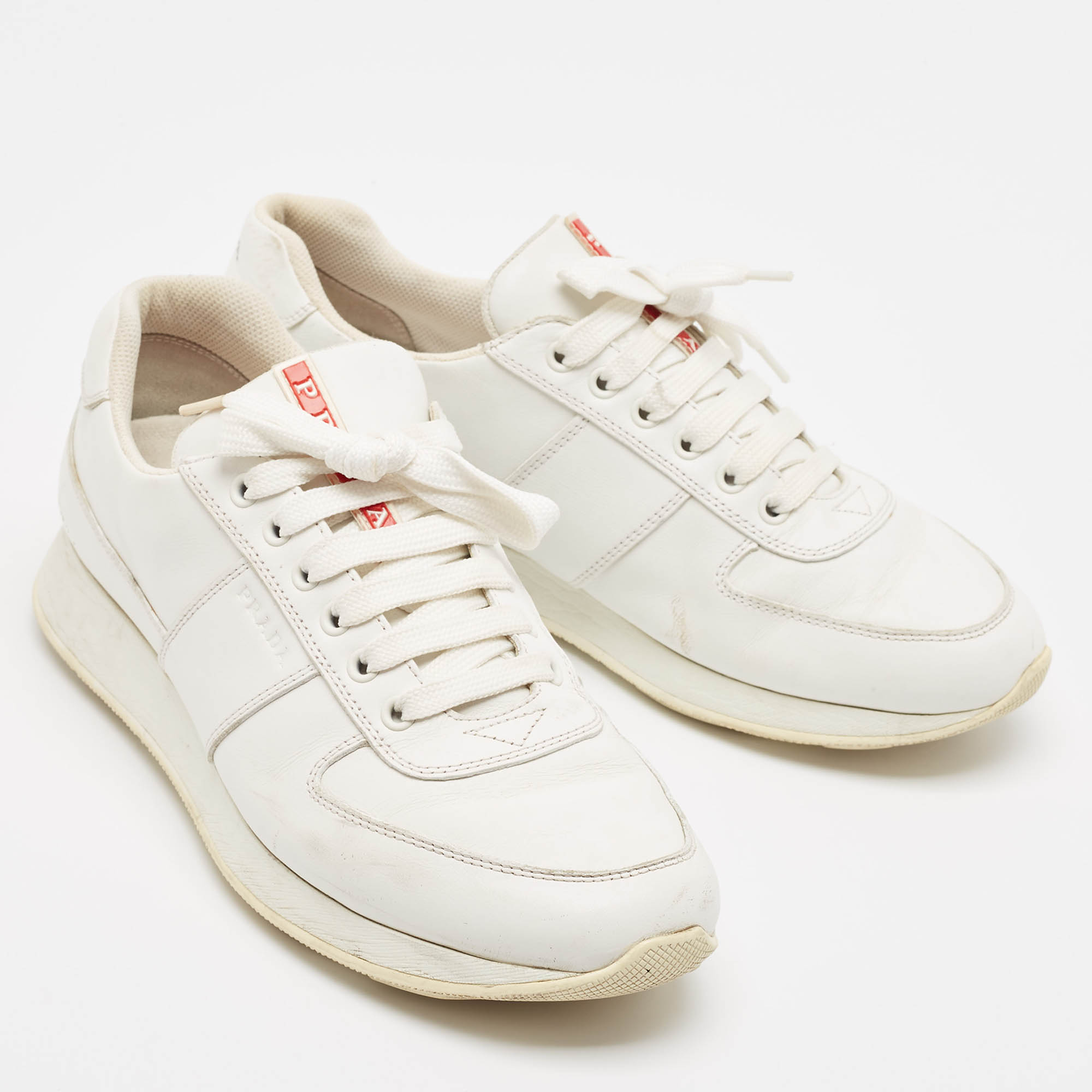 Prada White Leather Lace Up Sneakers Size 41.5