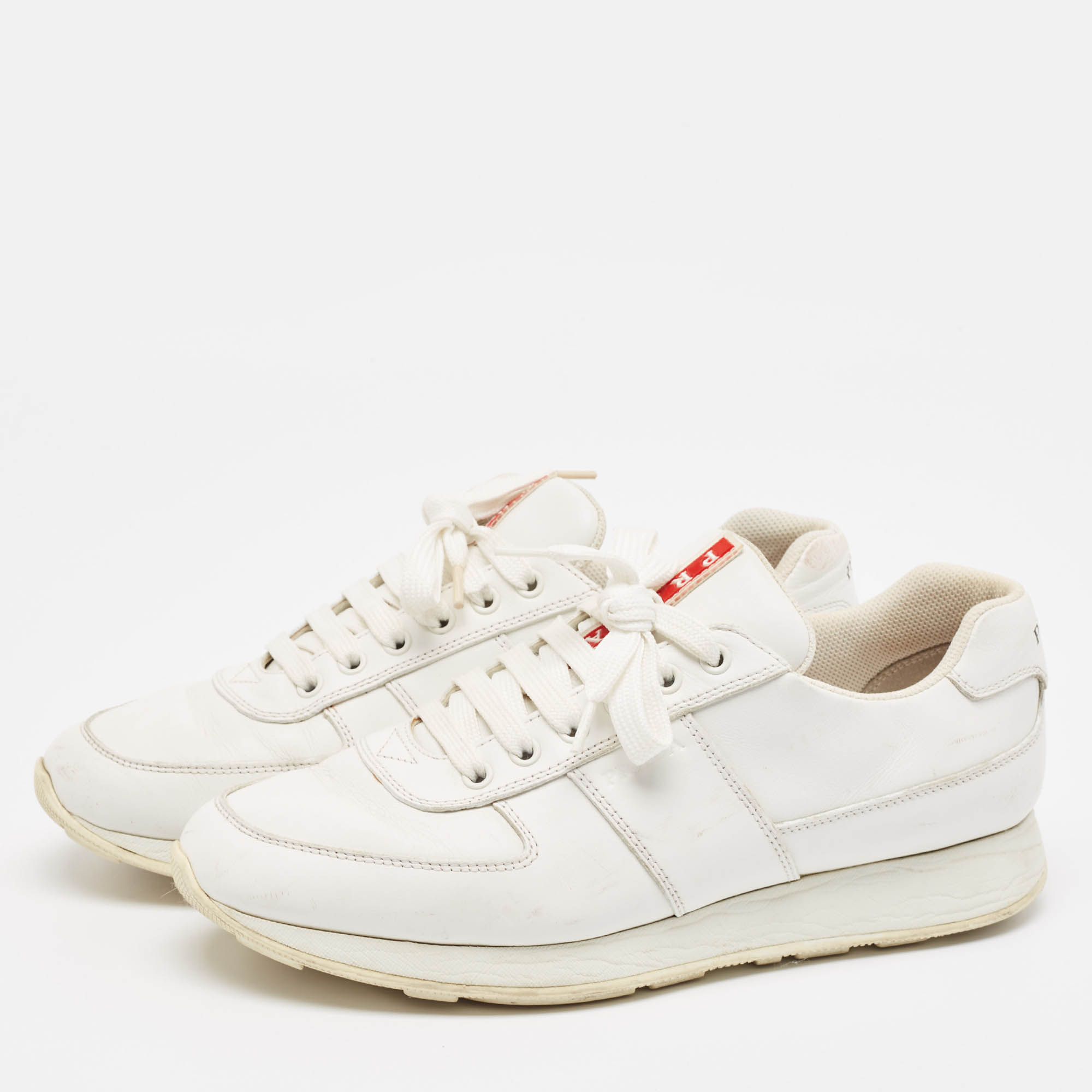 Prada White Leather Lace Up Sneakers Size 41.5