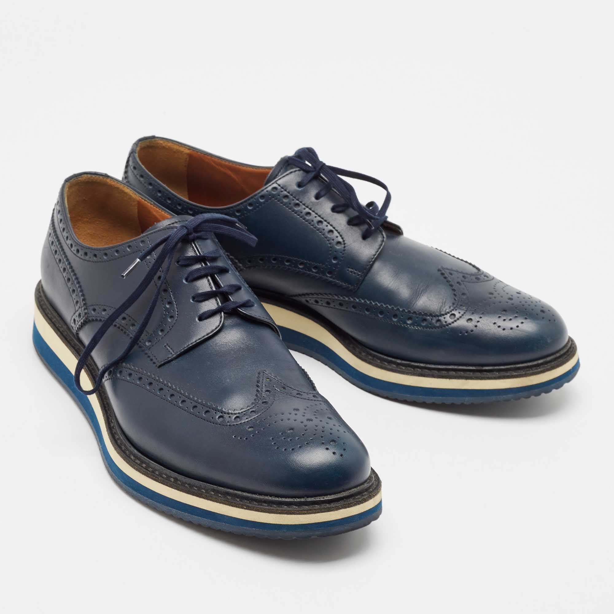 Prada Blue Brogue Leather Lace Up Derby Size 44.5