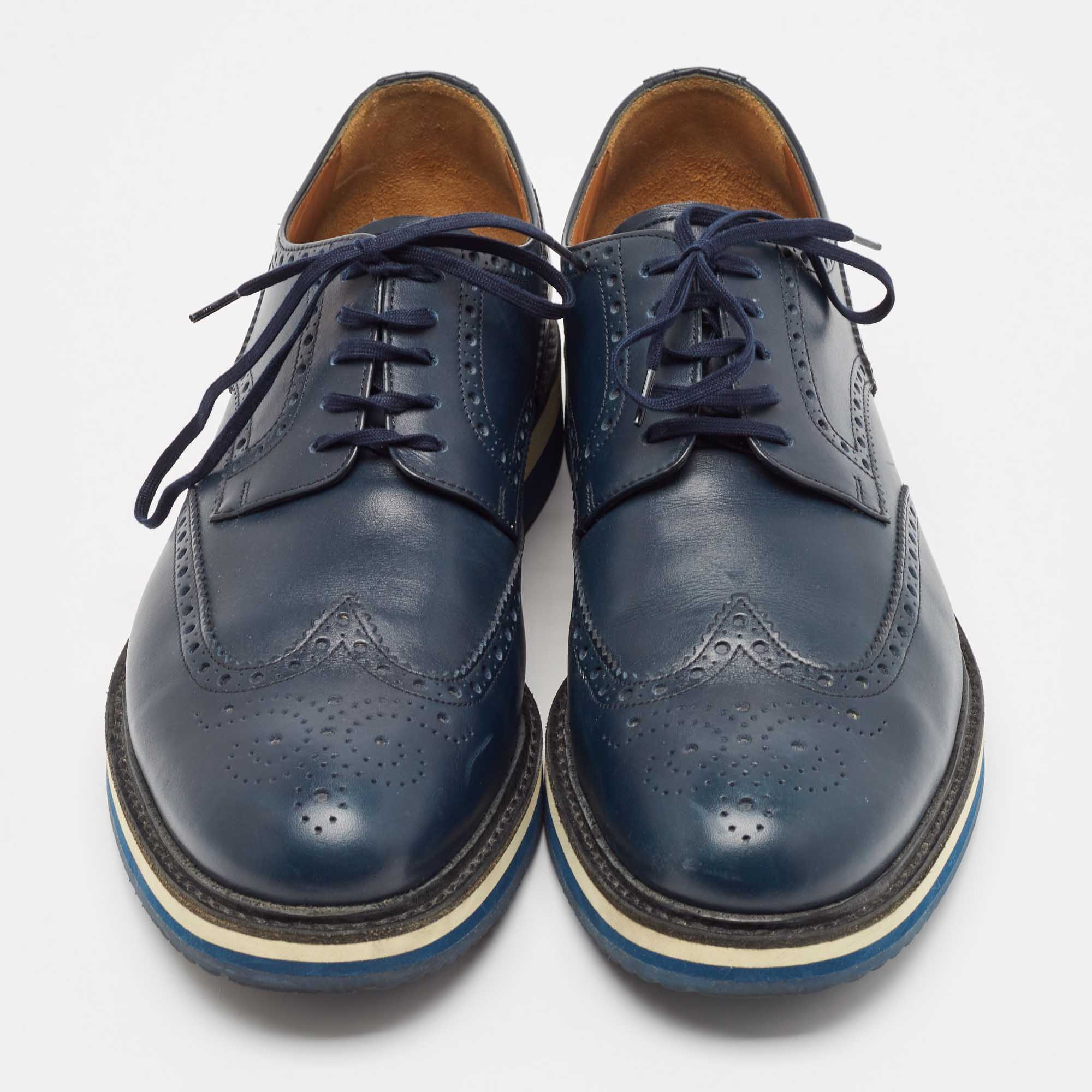 Prada Blue Brogue Leather Lace Up Derby Size 44.5