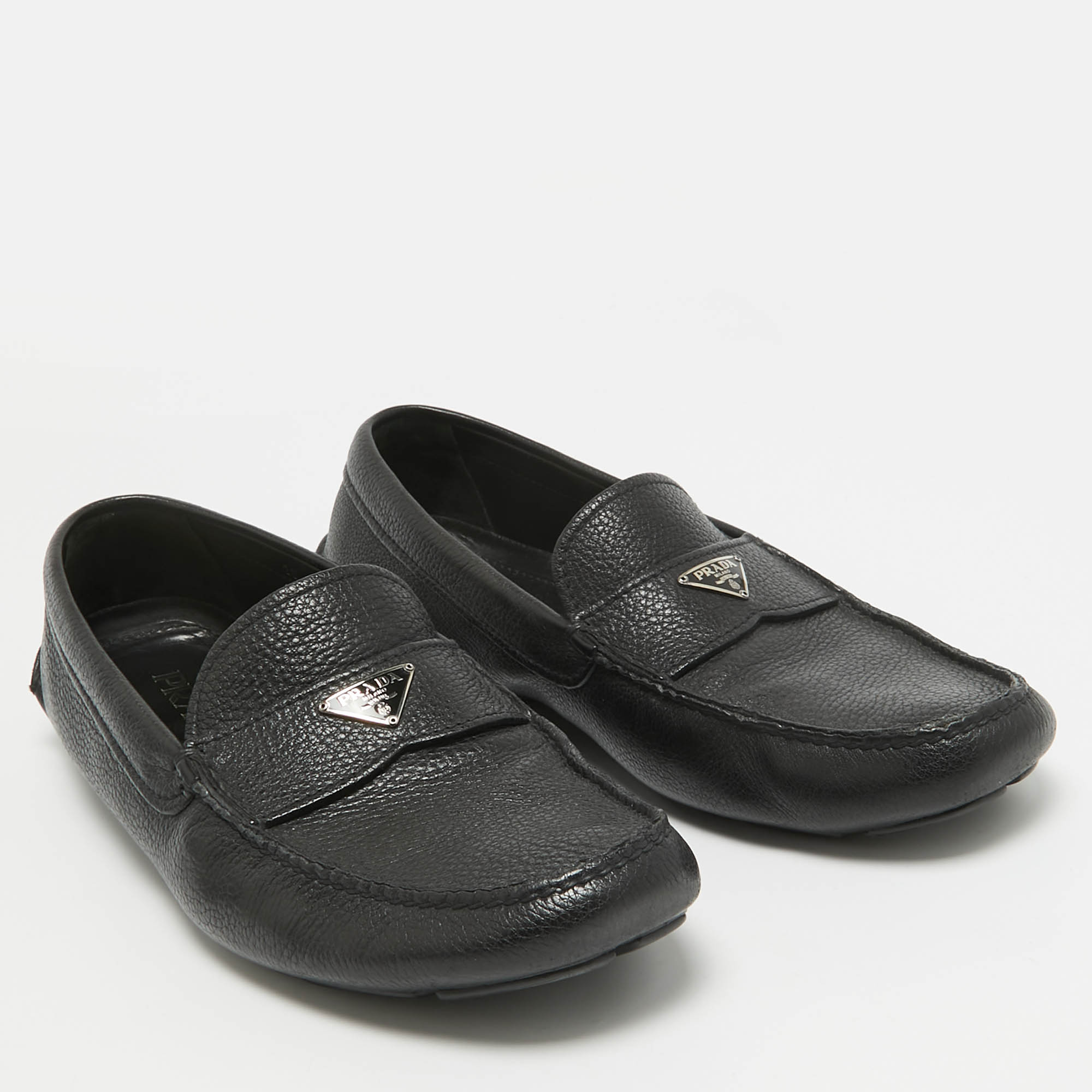 Prada Black Leather Slip On Loafers Size 44