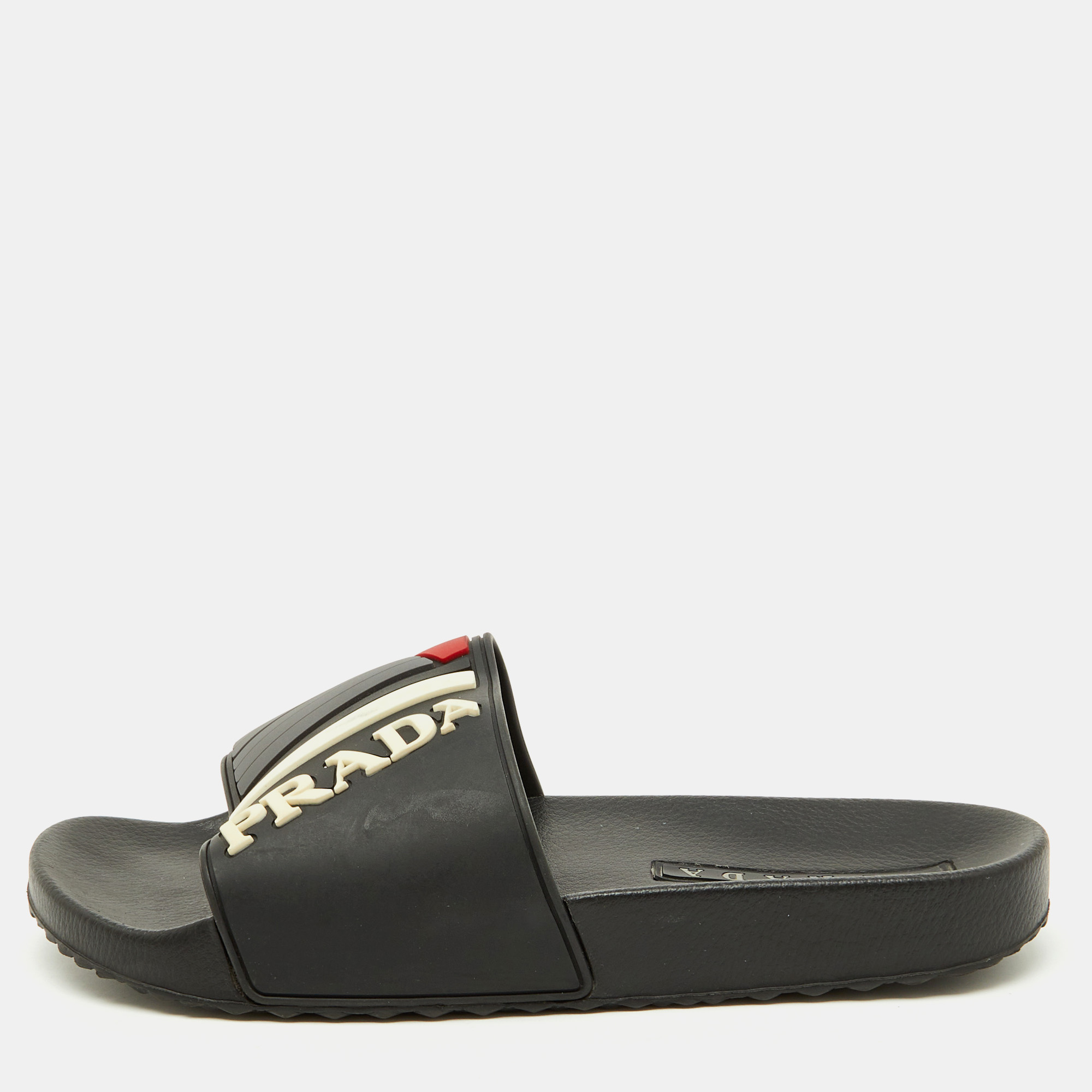 Prada Black Rubber Logo Flat Pool Slide Sandals Size 40 - Prada - Modalova