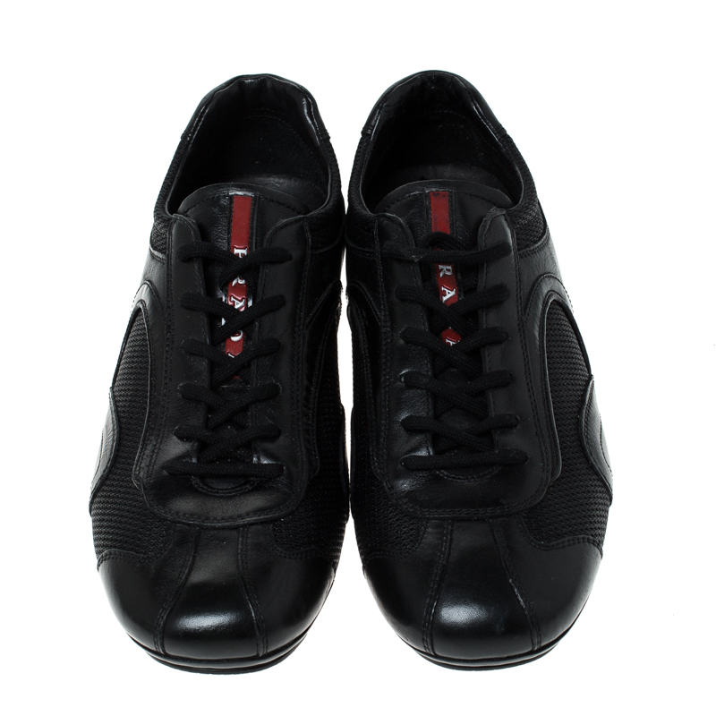 Prada Black Leather And Mesh Lace Up Sneakers Size 41