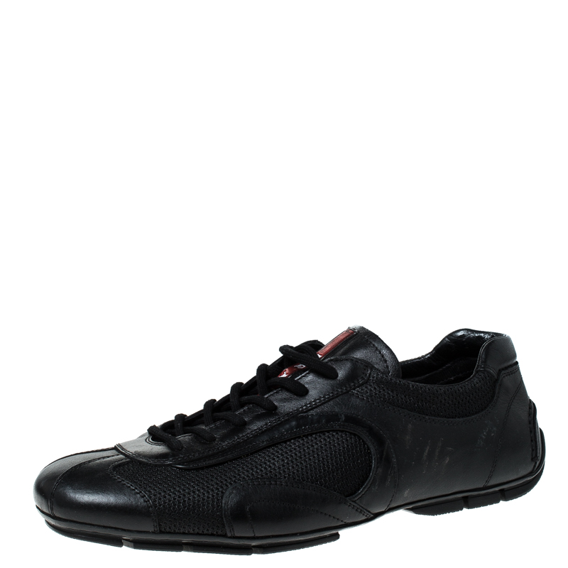 Prada Black Leather And Mesh Lace Up Sneakers Size 41