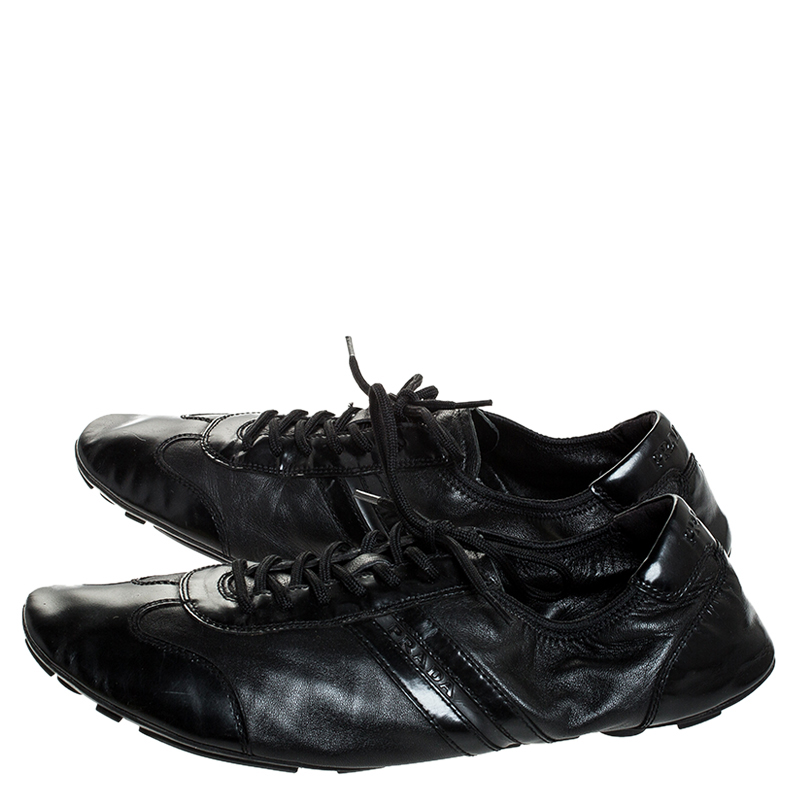 Prada Black Leather And Patent Leather Lace Up Sneakers Size 41