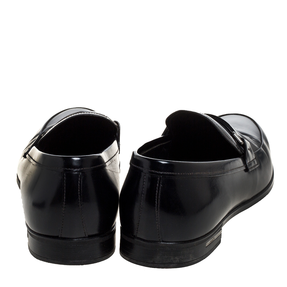 Prada Black Leather Plate Bit Logo Loafers Size 40
