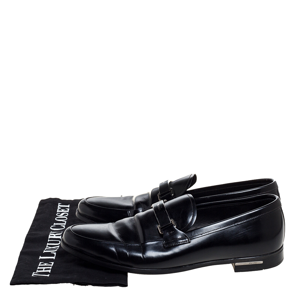 Prada Black Leather Plate Bit Logo Loafers Size 40