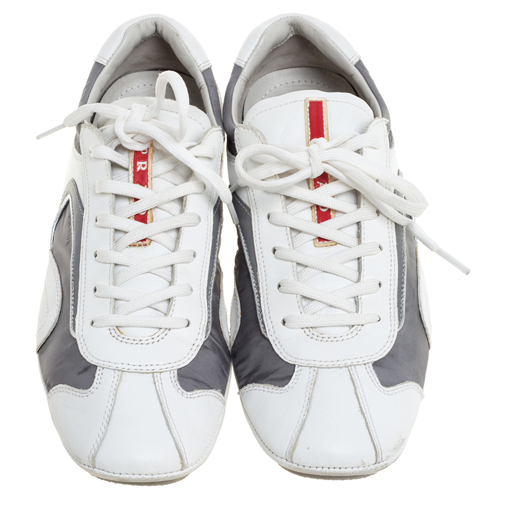 Prada White/Grey Leather And Nylon Low Top Sneakers Size 42