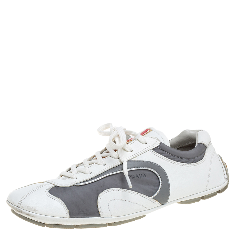 Prada White/Grey Leather And Nylon Low Top Sneakers Size 42
