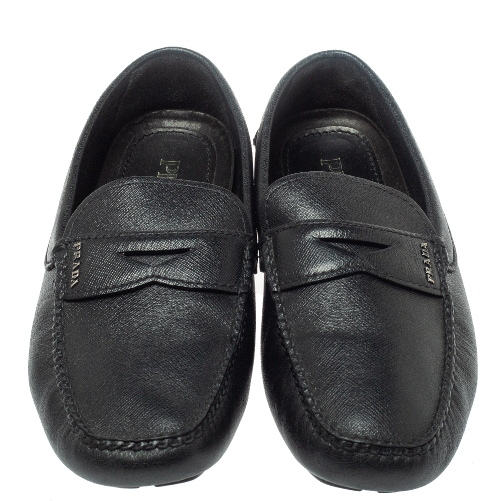 Prada Black Leather Penny Slip On Loafers Size 40