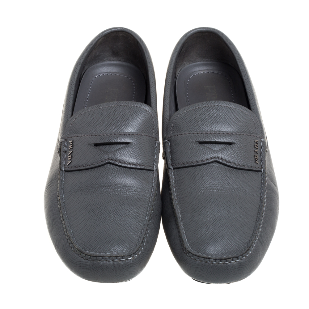 Prada Grey Leather Slip On  Loafers Size 41