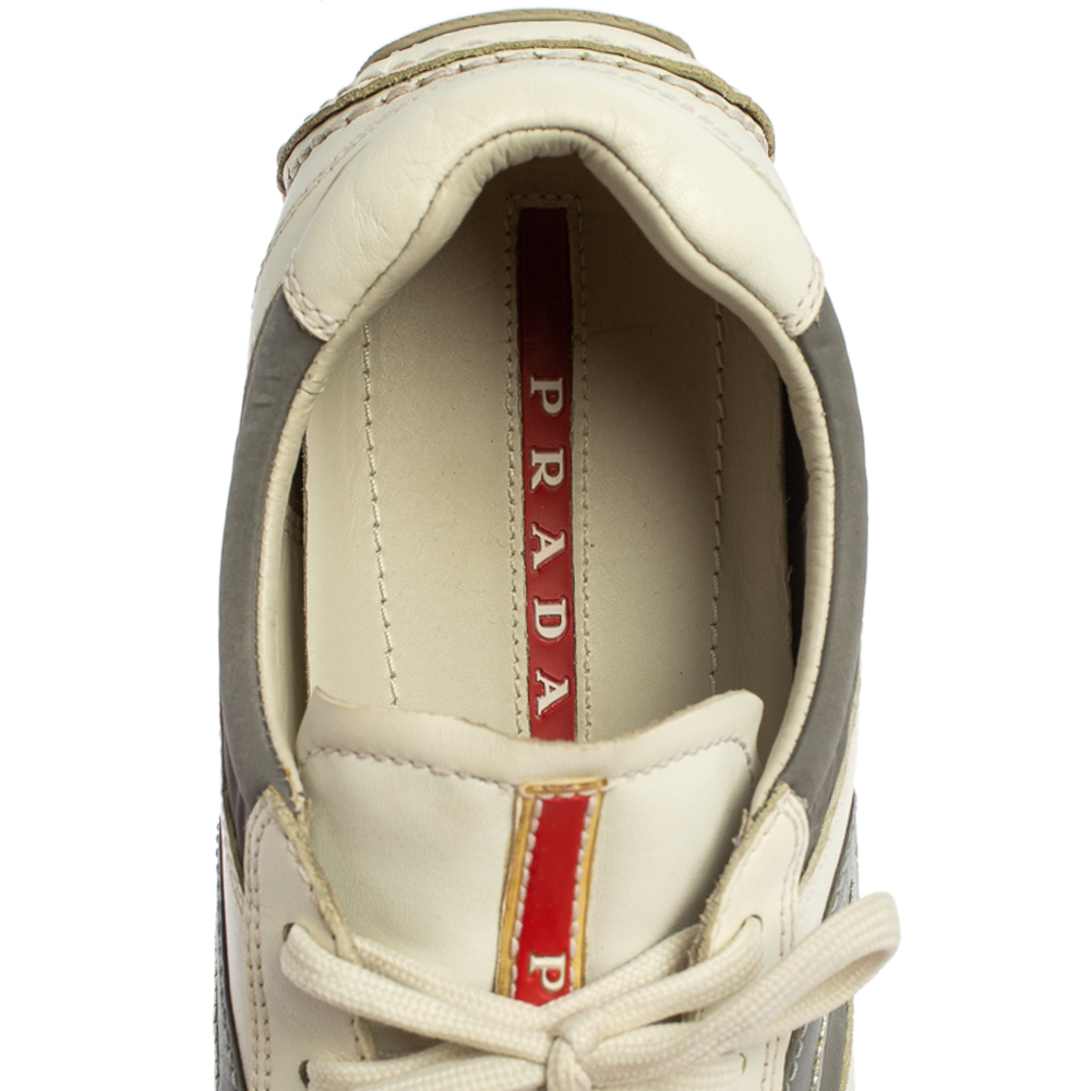 Prada White/Grey Nylon And Leather Low Top Sneakers Size 41.5