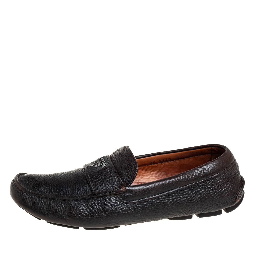 Prada Dark Brown Leather Slip On Loafers Size 41