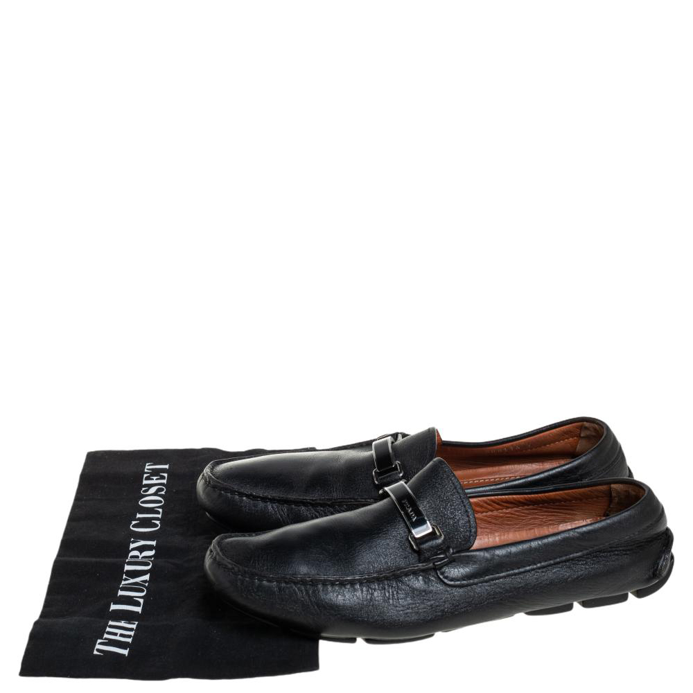 Prada Black Leather Logo Embellished Loafers Size 41