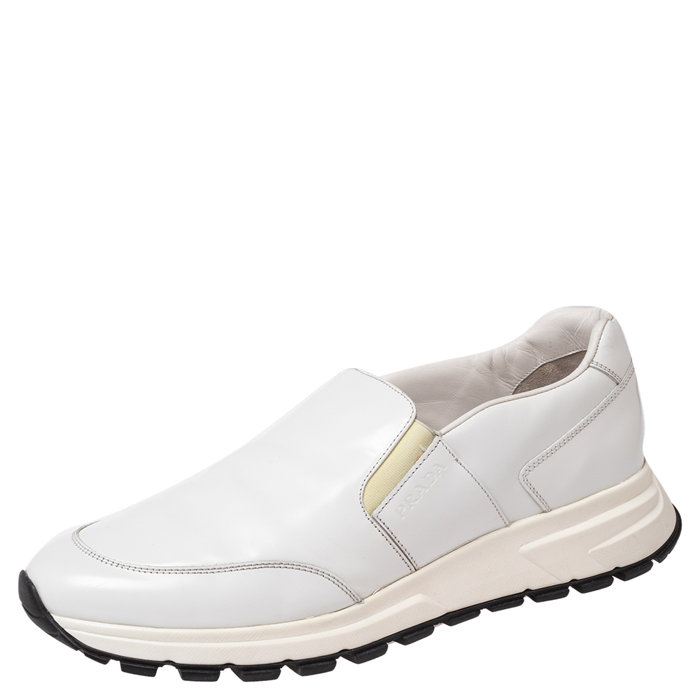 Prada White Leather Linea Rossa Slip On Sneakers Size 44.5