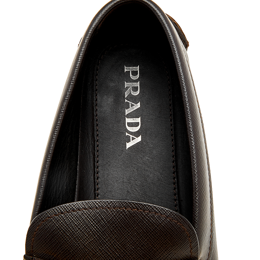 Prada Brown Saffiano Leather And Crocodile Leather Penny Slip On Loafers Size 44