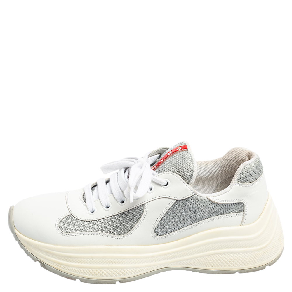 

Prada Sports White/Grey Leather and Mesh America's Cup Low-Top Sneakers Size