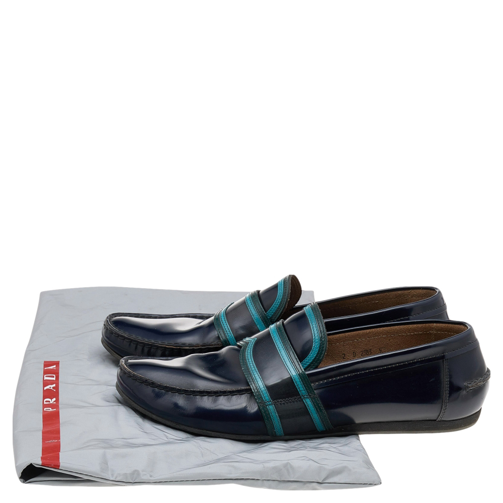 Prada Dark Blue Leather Penny Sip On Loafers Size 43.5
