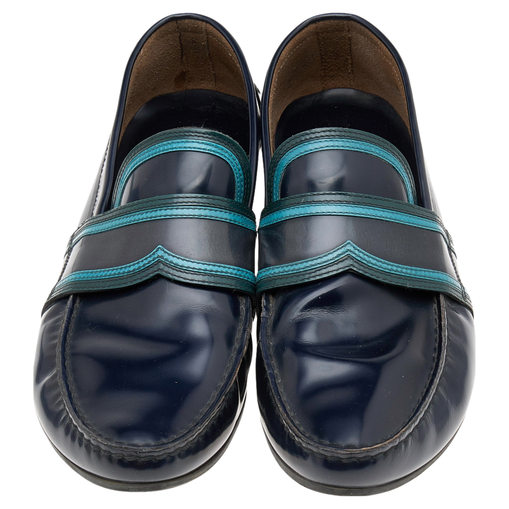Prada Dark Blue Leather Penny Sip On Loafers Size 43.5