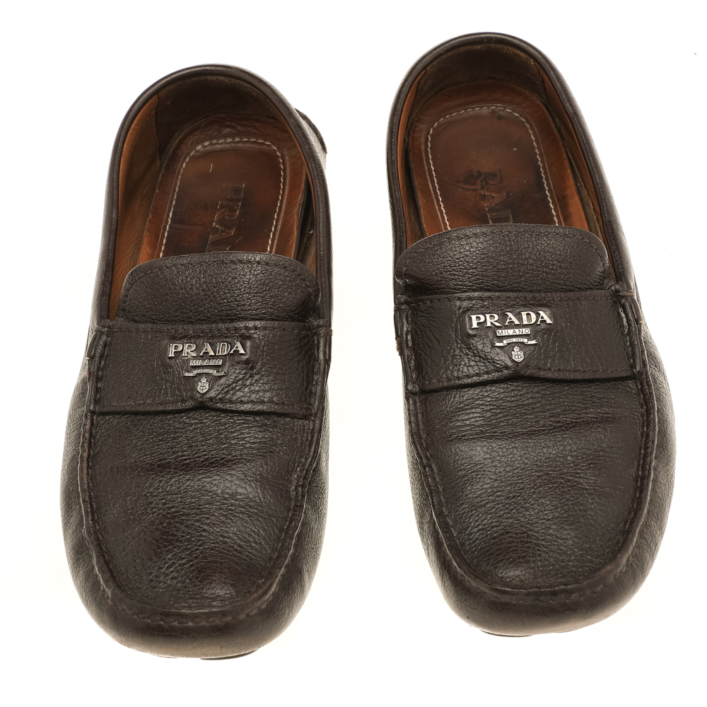 Prada Dark Brown Leather Penny Slip On Loafers Size 41