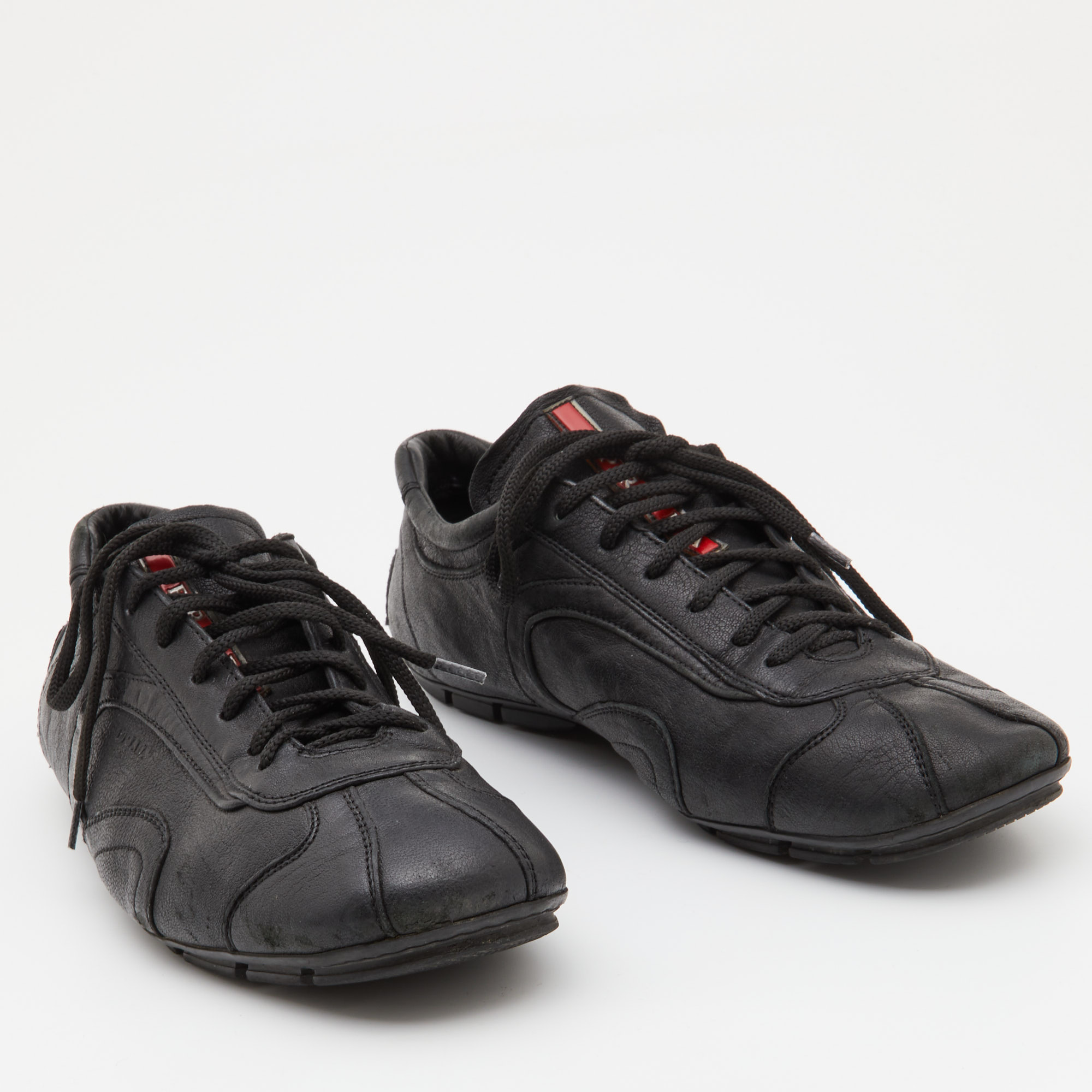 Prada Sports Black Leather Low Top Sneakers Size 43