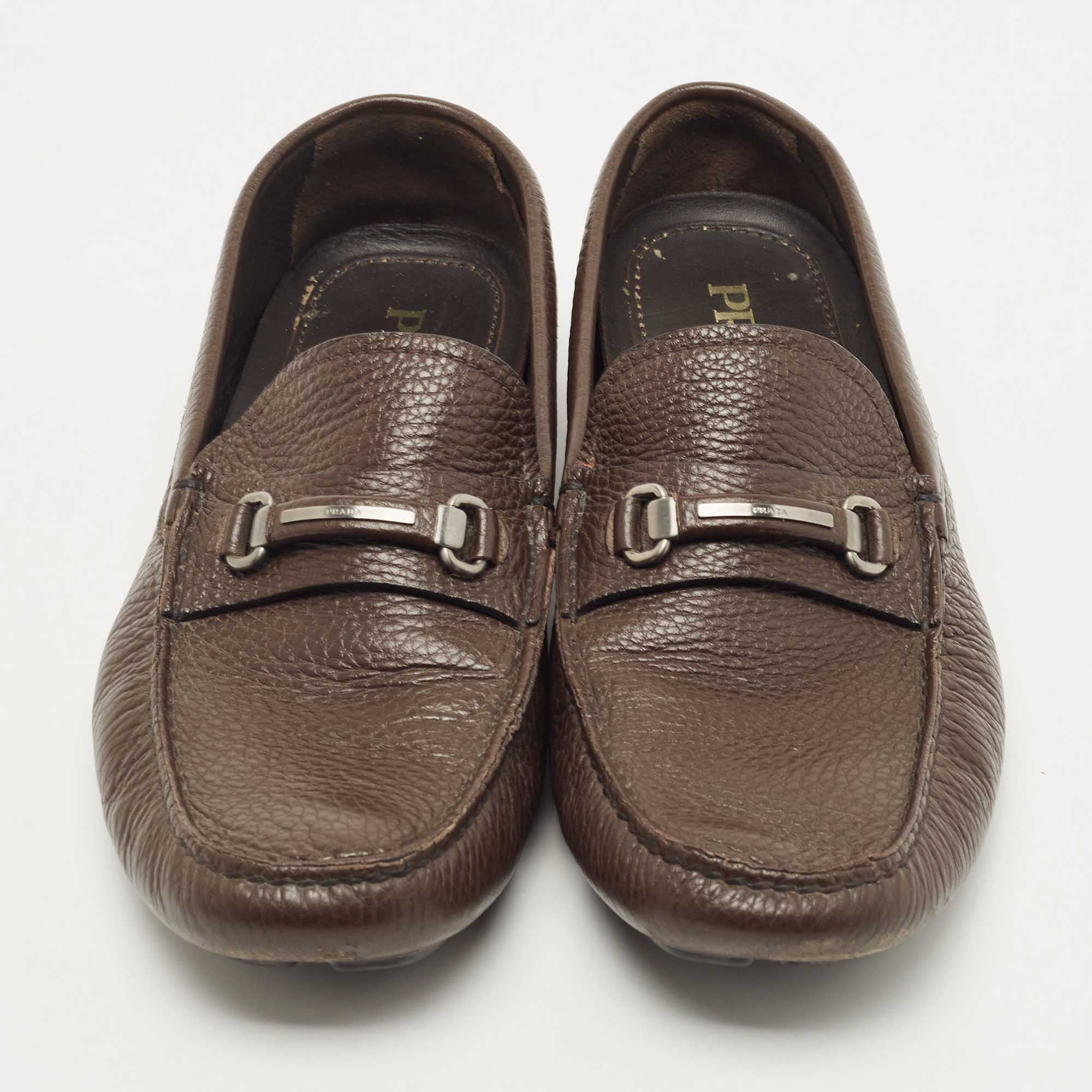 Prada Dark Brown Leather Buckle Slip On Loafers Size 42