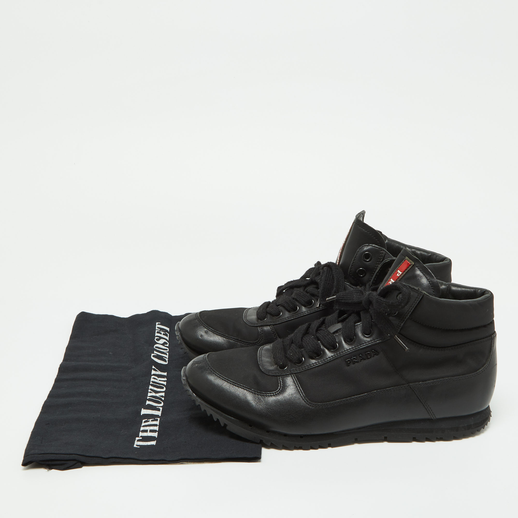 Prada Black Leather And Canvas High Top Sneakers Size 41