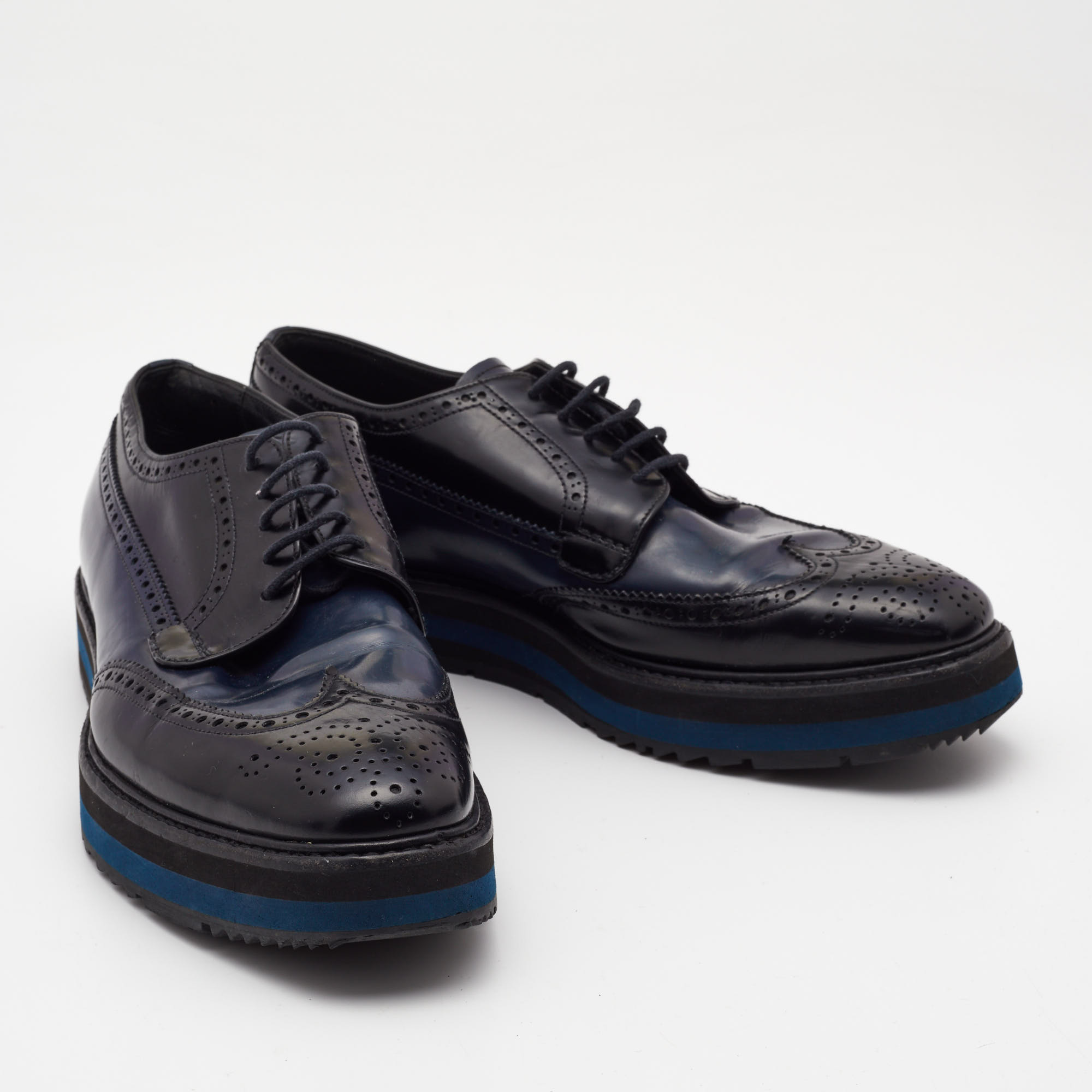 Prada Black/Navy Blue Patent Leather Brogue Oxford Sneakers Size 39