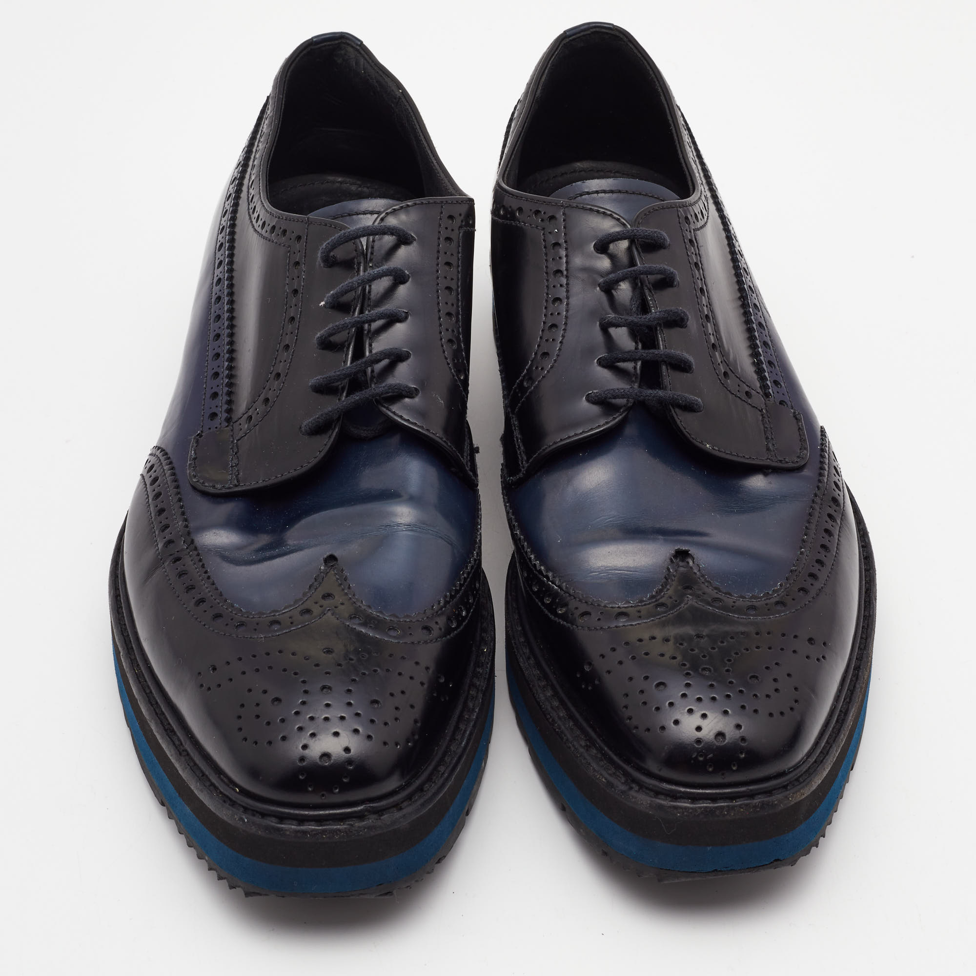Prada Black/Navy Blue Patent Leather Brogue Oxford Sneakers Size 39