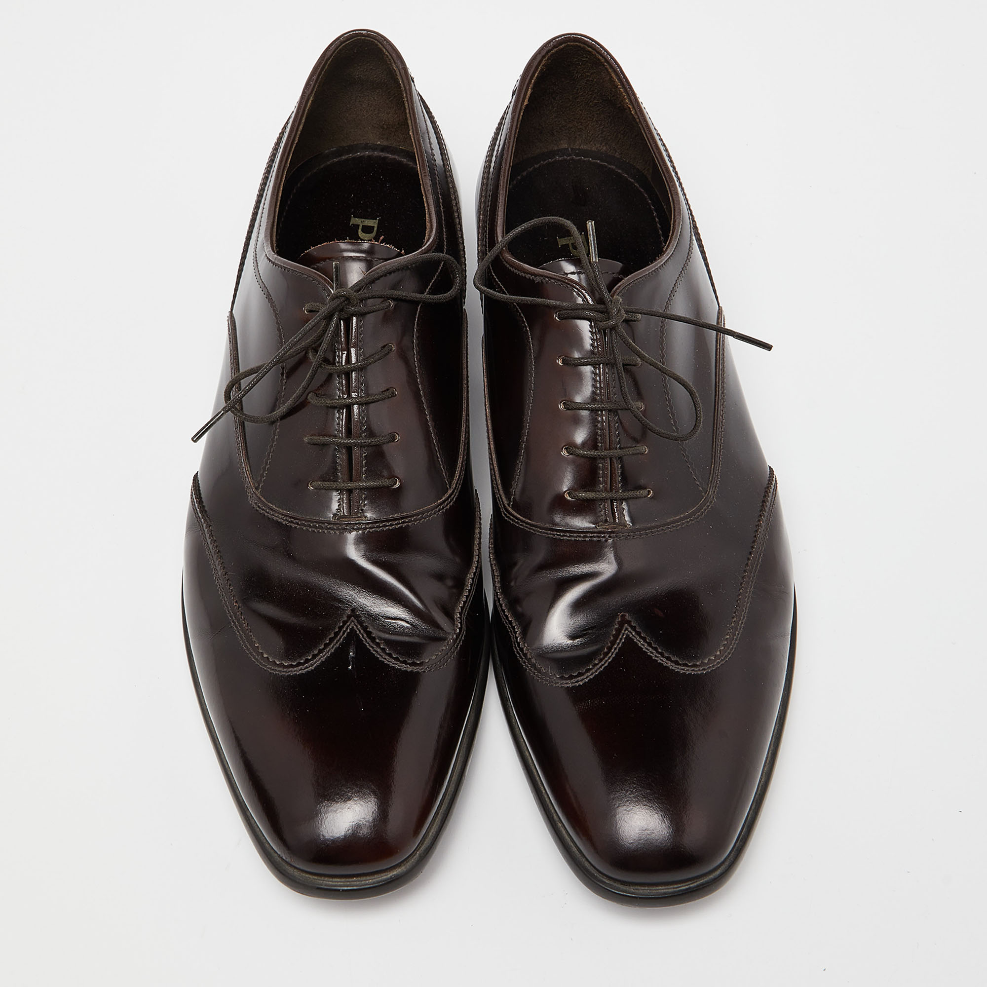 Prada Brown Patent Leather Lace Up Oxfords Size 43.5