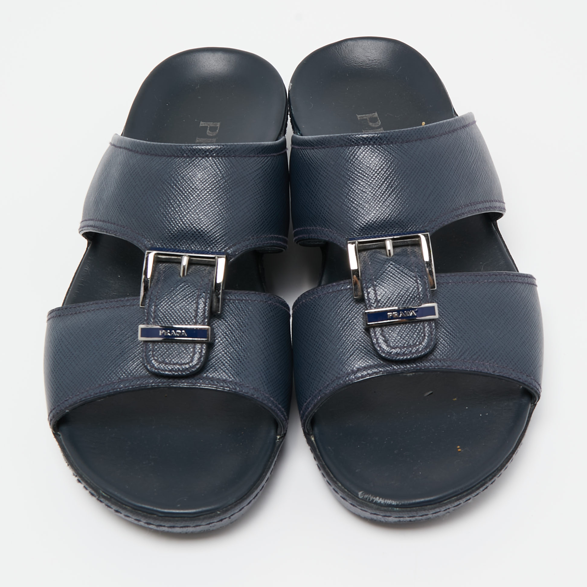 Prada Navy Blue Saffiano Leather Slides Size 40