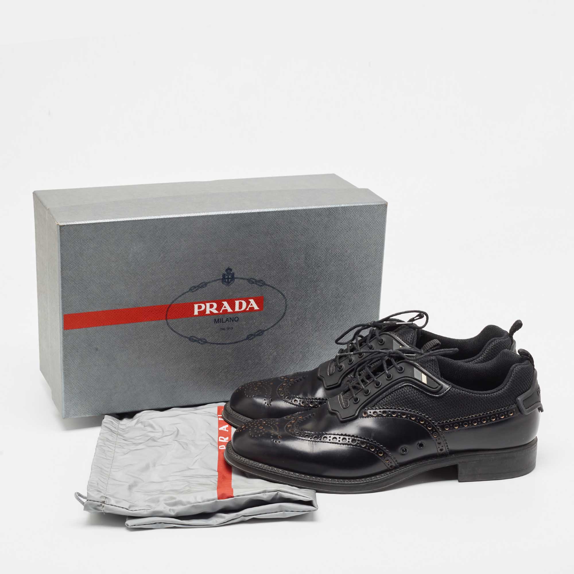 Prada Black Brogue Leather And Mesh Lace Up Oxford Size 41