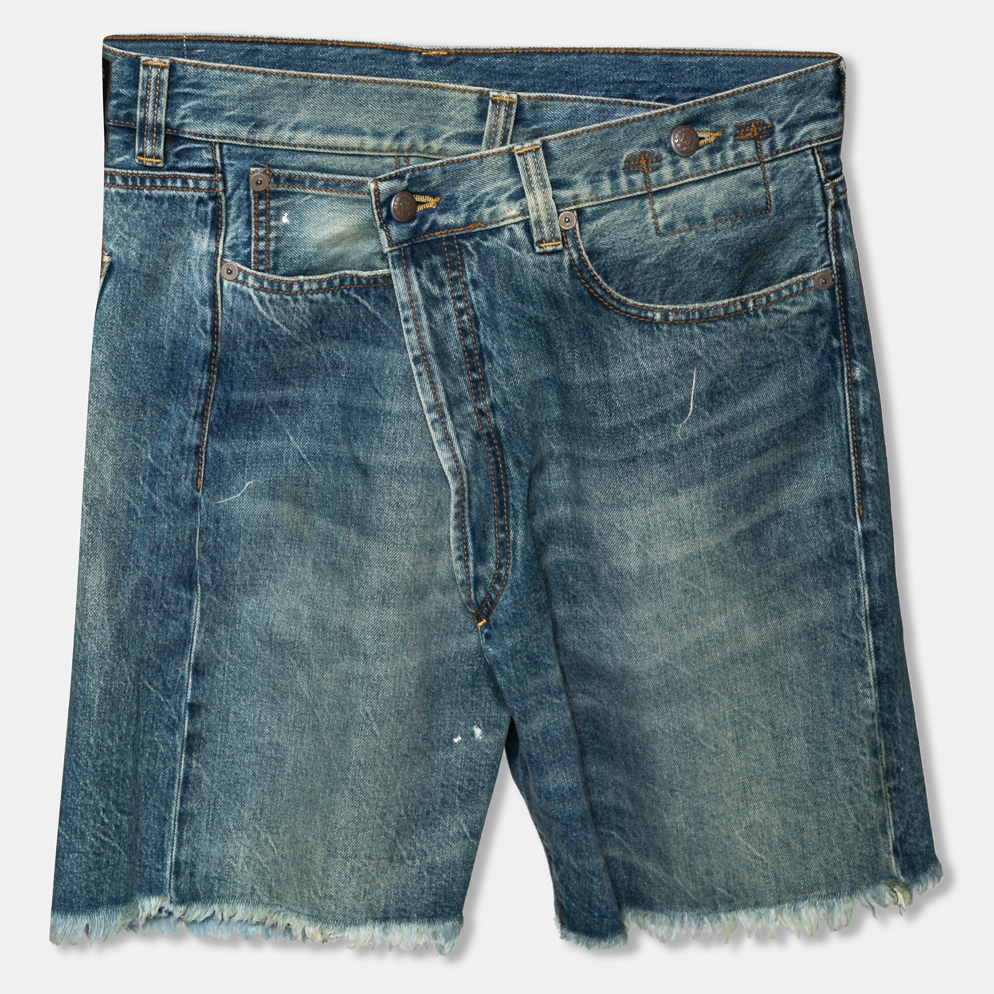 

R13 Blue Denim Asymmetric Waist Frayed Edged Shorts