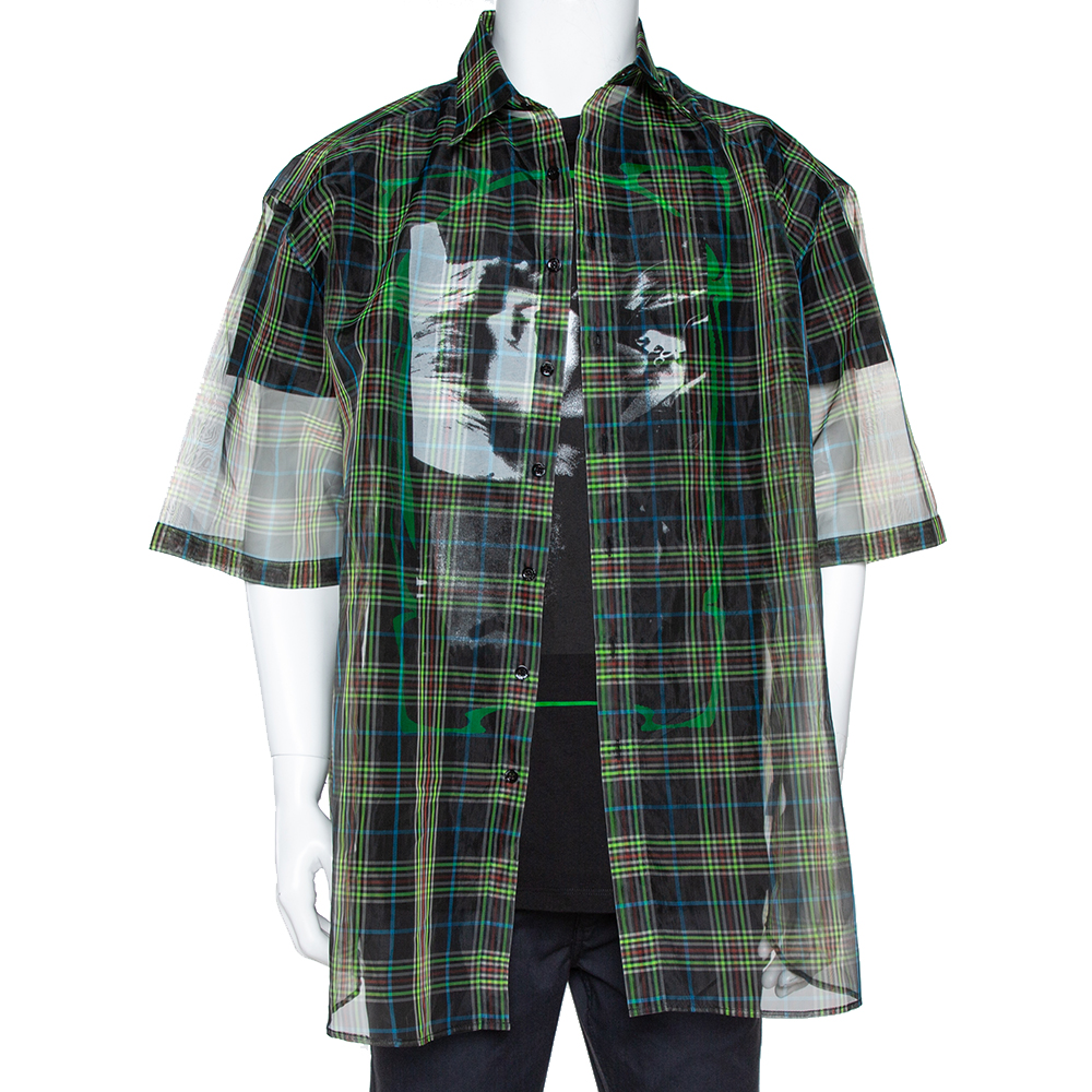 Image of Raf Simons Black Plaid Check Sheer Oversized Layered Shirt S