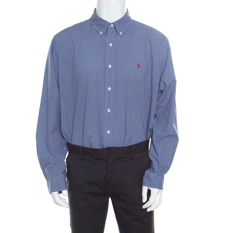 Ralph Lauren Blue Gingham Checked Cotton Logo Embroidered Long Sleeve Shirt XXL