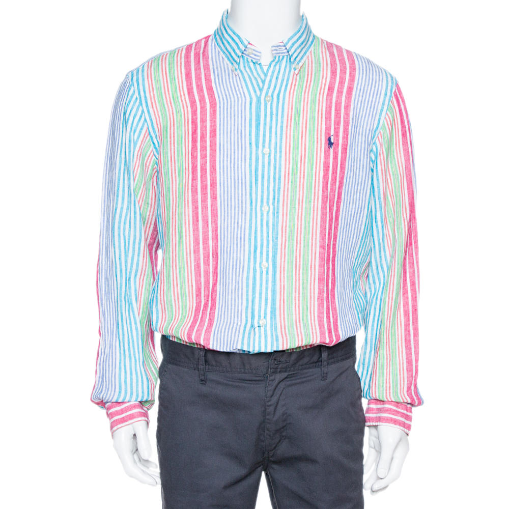 Image of Ralph Lauren Multicolor Striped Linen Button Down Long Sleeve Shirt L