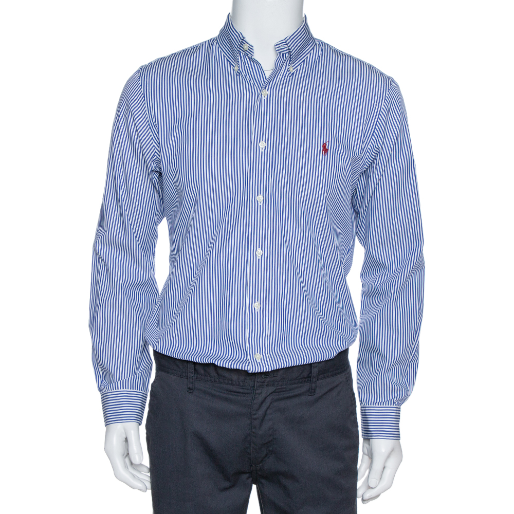 Image of Ralph Lauren Blue Striped Cotton Long Sleeve Slim Fit Shirt M